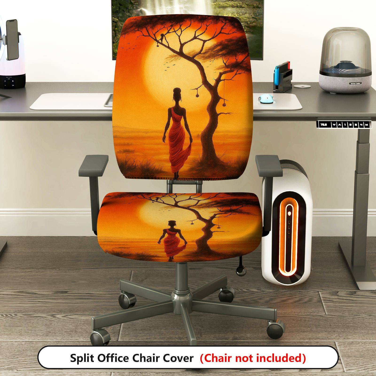 2-Piece African Sunset Woman Art Landscape Tree  Computer Chair Cover Set, Seat and Backrest