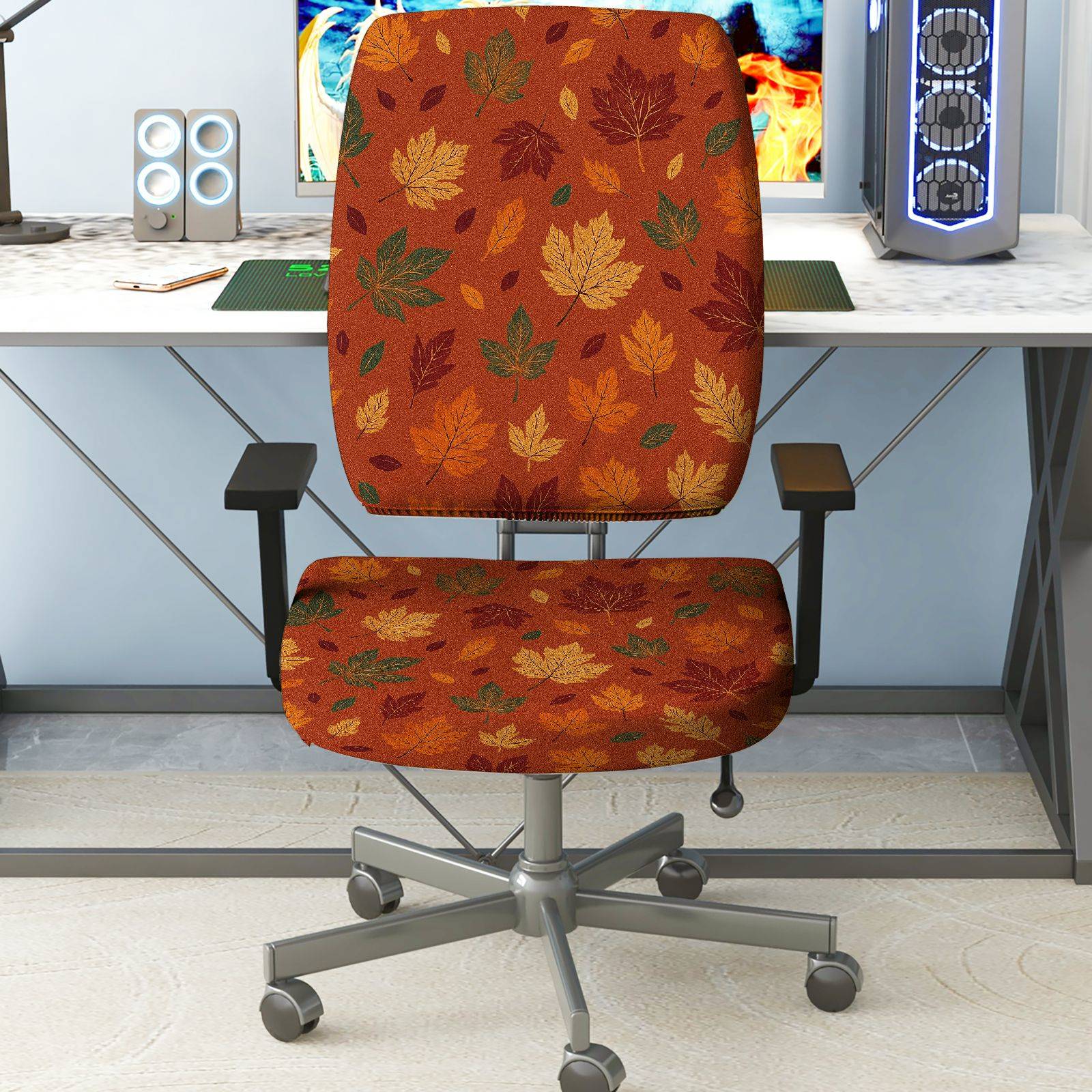 2-Piece Autumn Maple Leaf Pattern Decorative  Computer Chair Cover Set, Seat and Backrest