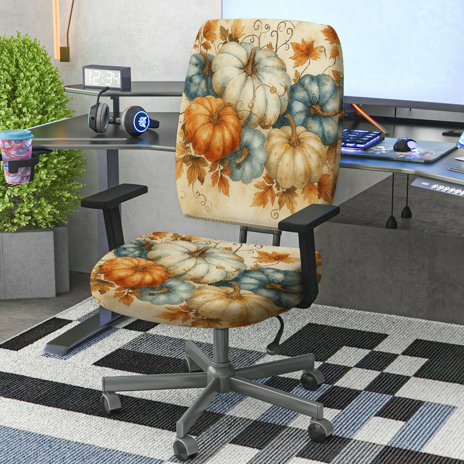 2-Piece Autumn Thanksgiving Pumpkin Harvest Holiday  Computer Chair Cover Set, Seat and Backrest