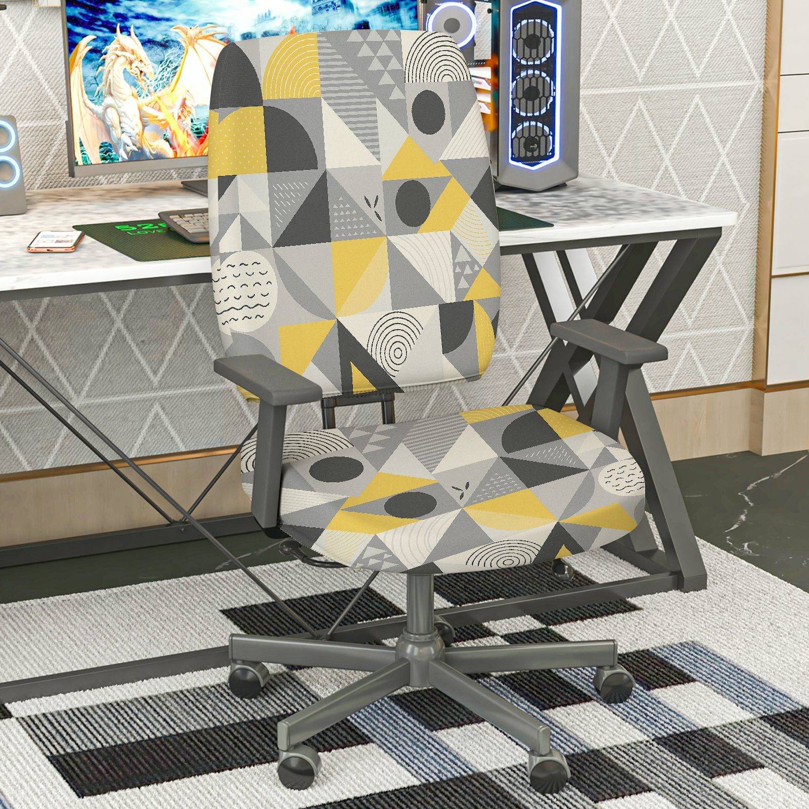 2-Piece Modern Geometric Colorful Stylish Artistic  Computer Chair Cover Set, Seat and Backrest