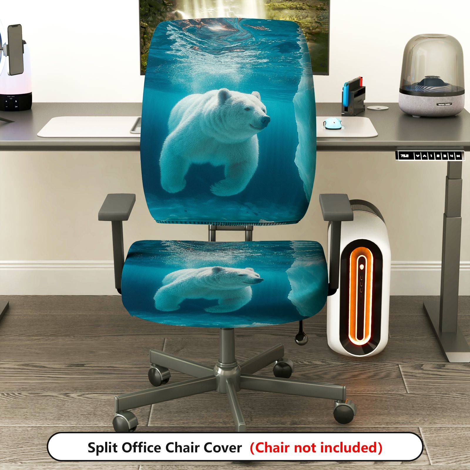 2-Piece Arctic Polar Bear Underwater Theme  Computer Chair Cover Set, Seat and Backrest