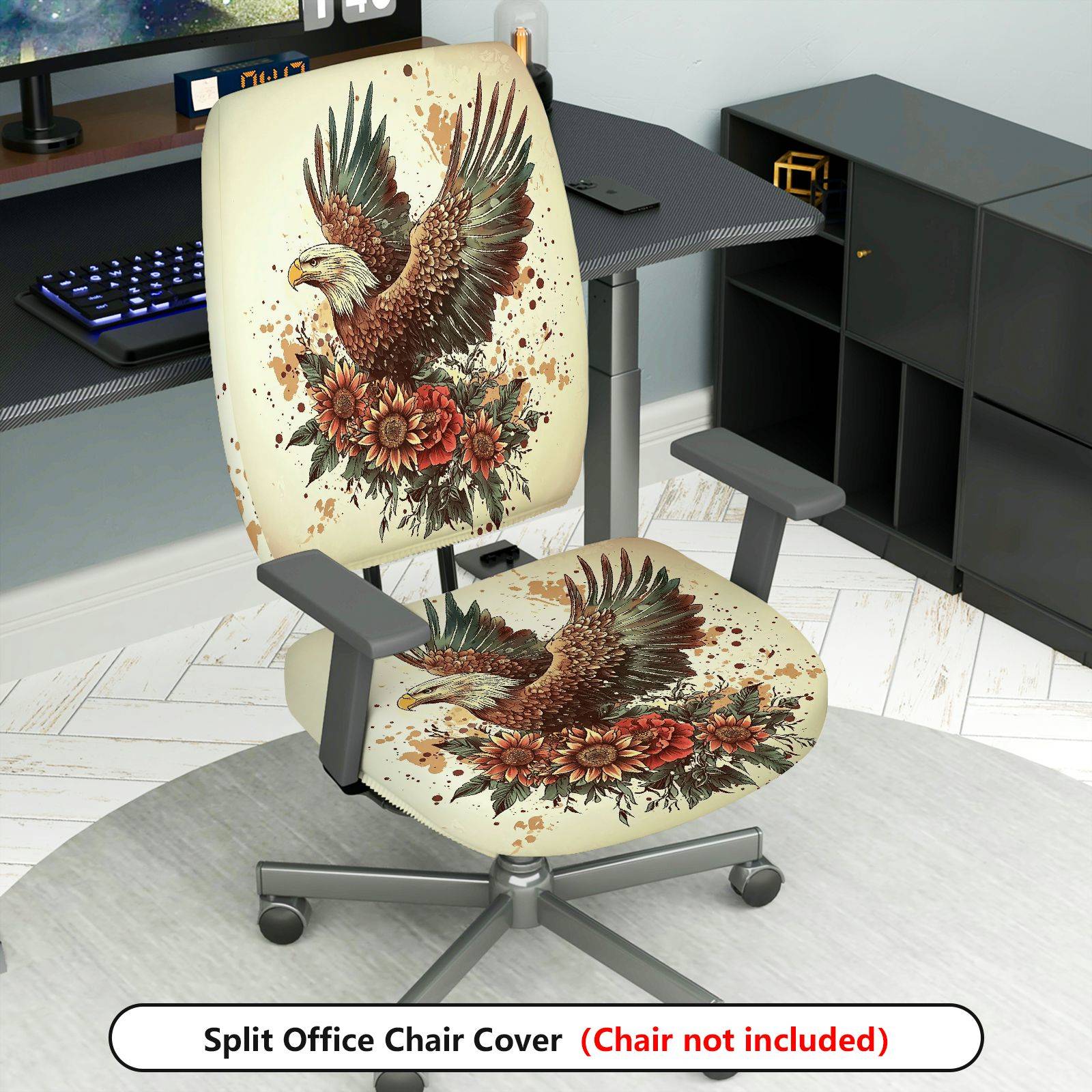 2-Piece Eagle Floral Artistic Vintage Animal  Computer Chair Cover Set, Seat and Backrest
