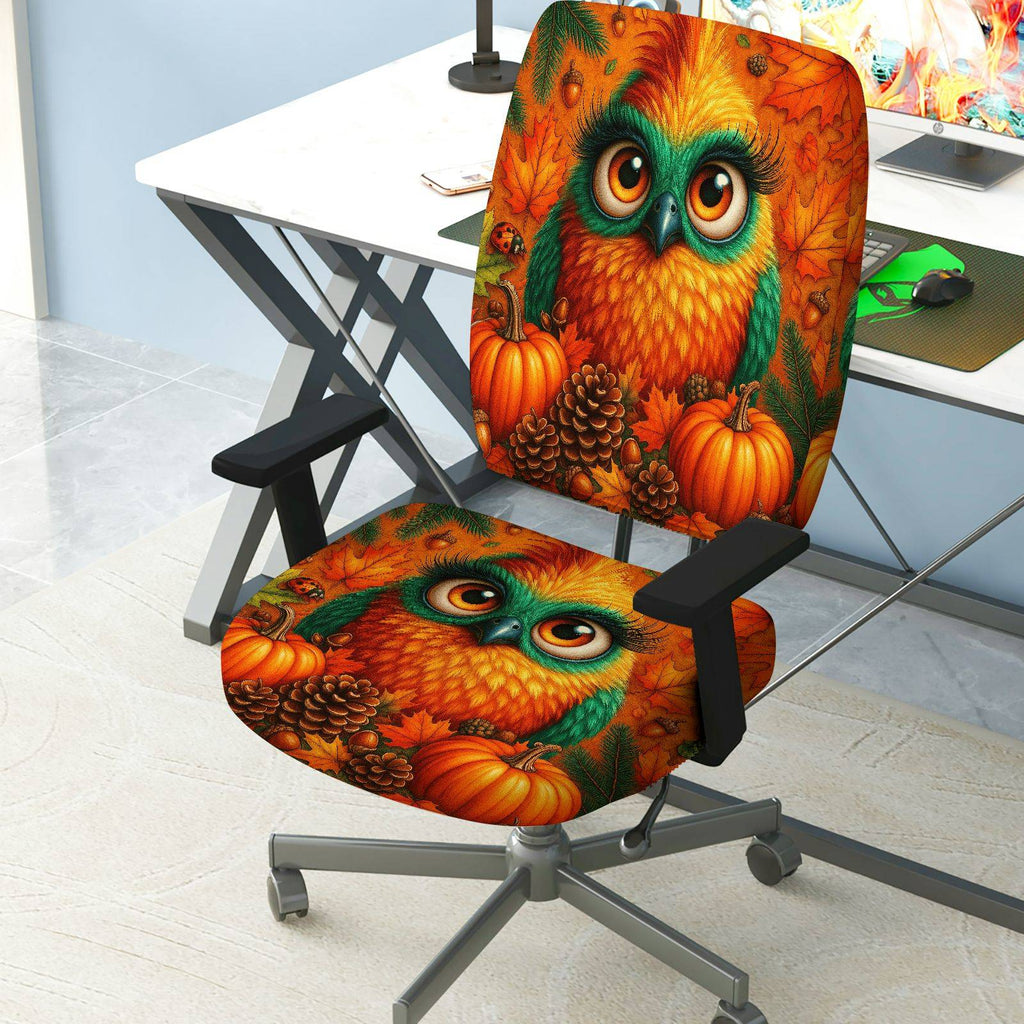 2-Piece Autumn Owl Pumpkin Pinecone Leaf  Computer Chair Cover Set, Seat and Backrest