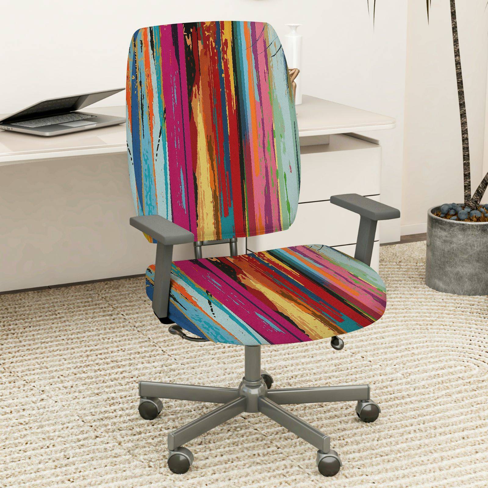 2-Piece Colorful Abstract Artistic Vibrant Striped Geometric  Computer Chair Cover Set, Seat and Backrest
