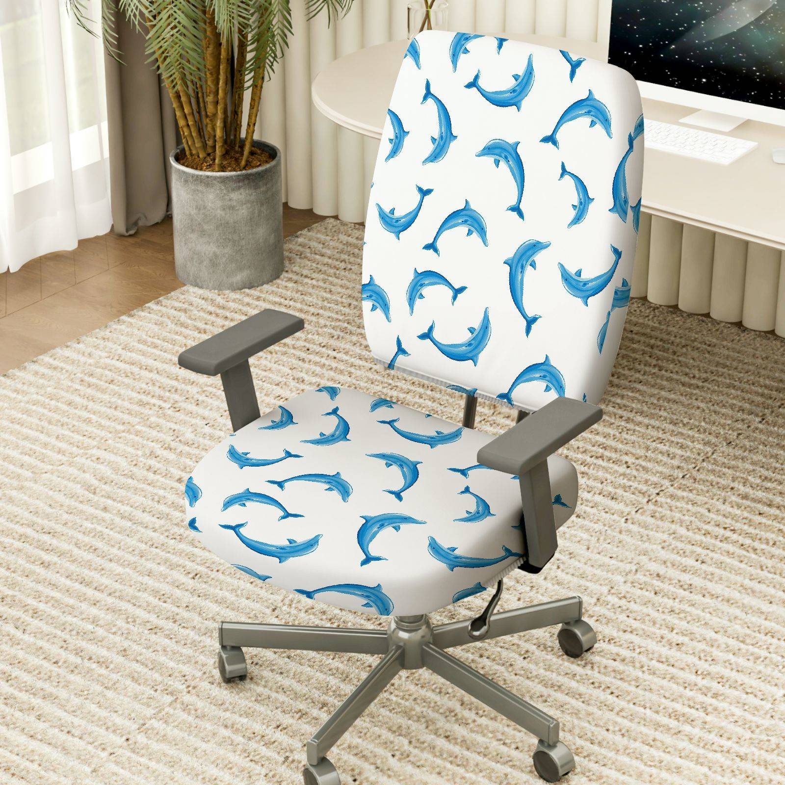 2-Piece Blue Dolphin Ocean Marine Cute Animal  Computer Chair Cover Set, Seat and Backrest