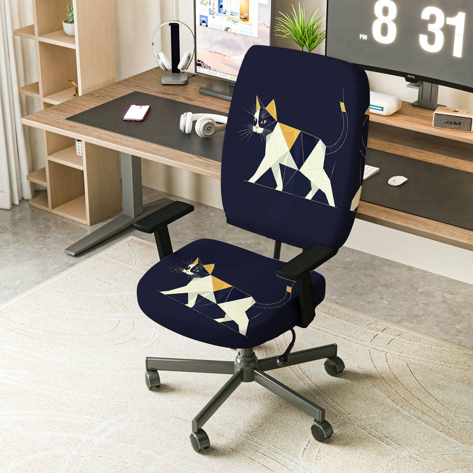 2-Piece Geometric Cat Design Stylish Modern Artistic Animal Themed  Computer Chair Cover Set, Seat and Backrest