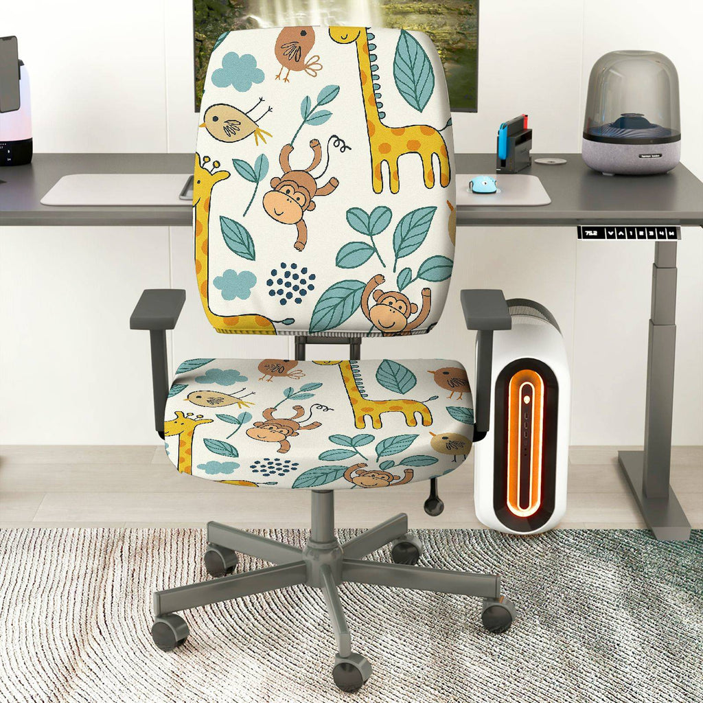 2-Piece Animal Jungle Monkey Giraffe Floral Leaf  Computer Chair Cover Set, Seat and Backrest