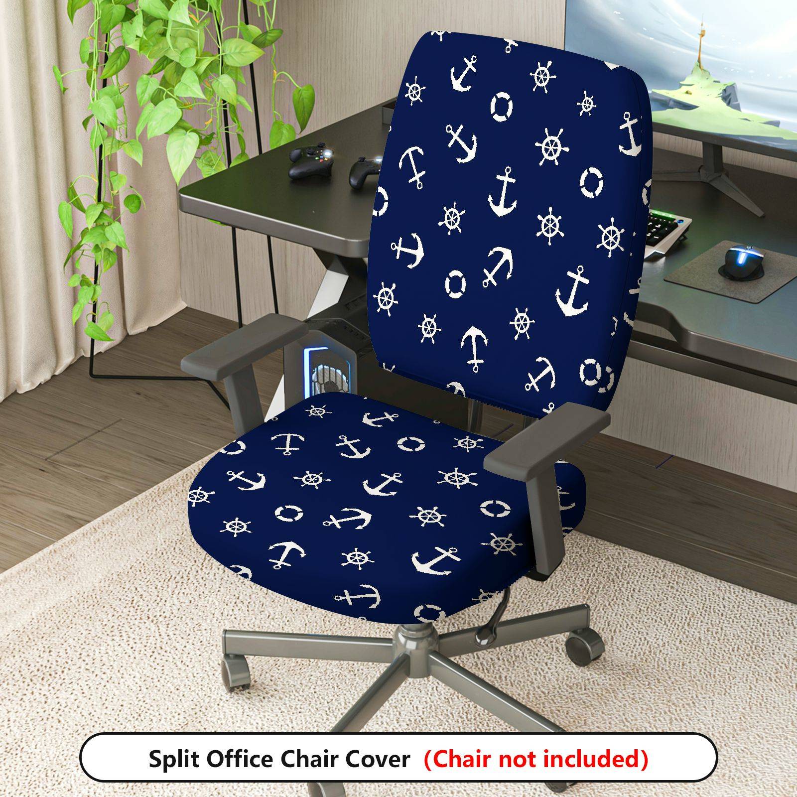 2-Piece Anchor Nautical Marine Ocean Ship  Computer Chair Cover Set, Seat and Backrest