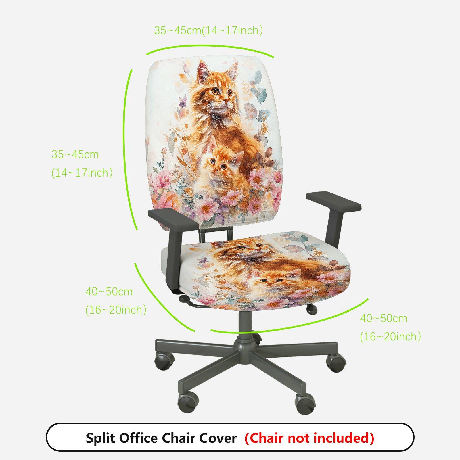 2-Piece Cute Floral Cat Animal Art  Computer Chair Cover Set, Seat and Backrest
