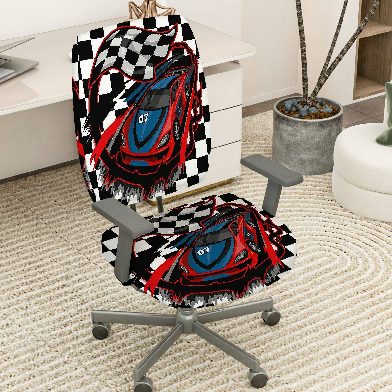 2-Piece Racing car checkered flag black red blue  Computer Chair Cover Set, Seat and Backrest