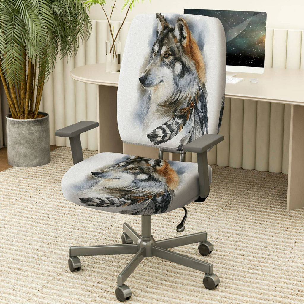 2-Piece Wolf Animal Feather Art Nature Tribal  Computer Chair Cover Set, Seat and Backrest