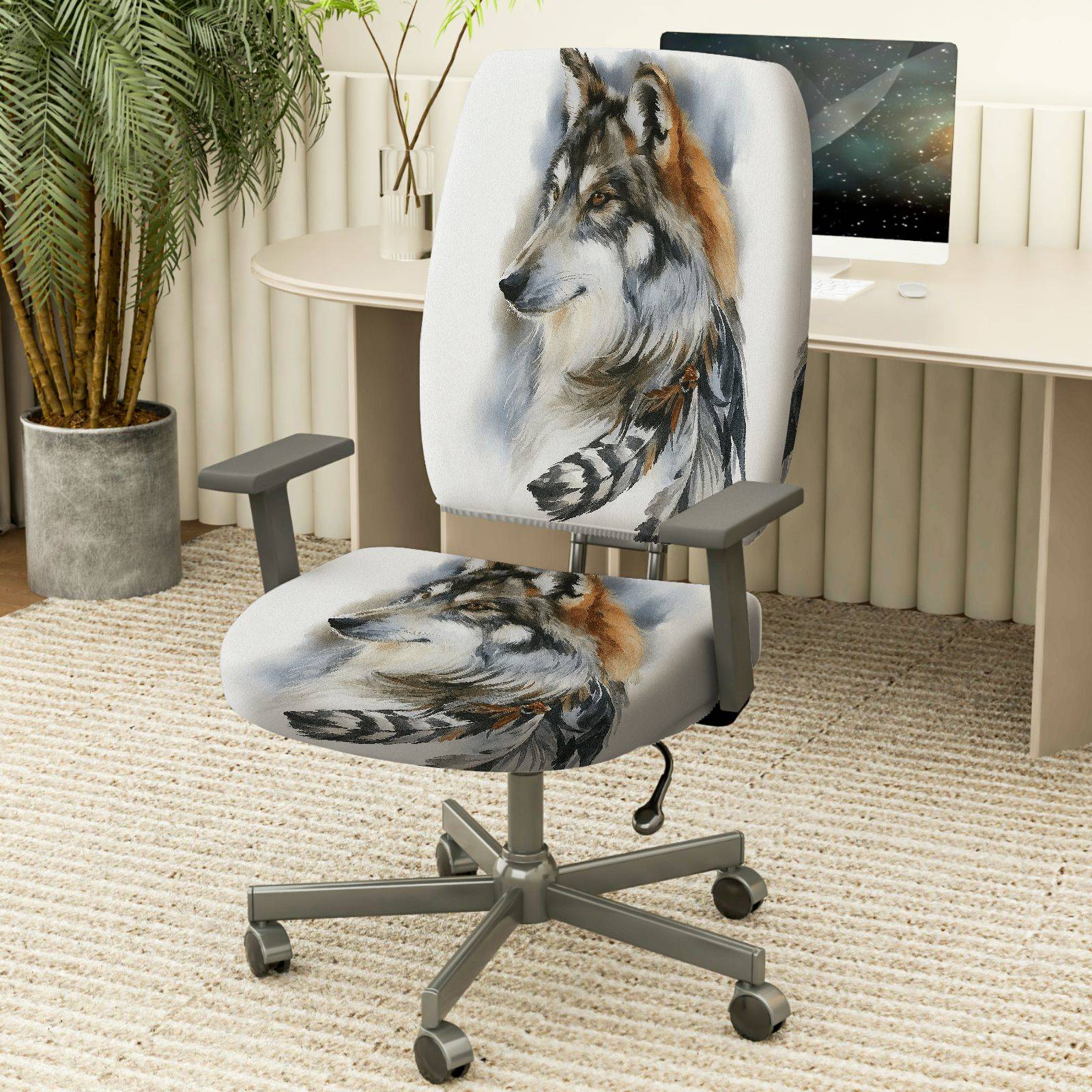 2-Piece Wolf Animal Feather Art Nature Tribal  Computer Chair Cover Set, Seat and Backrest