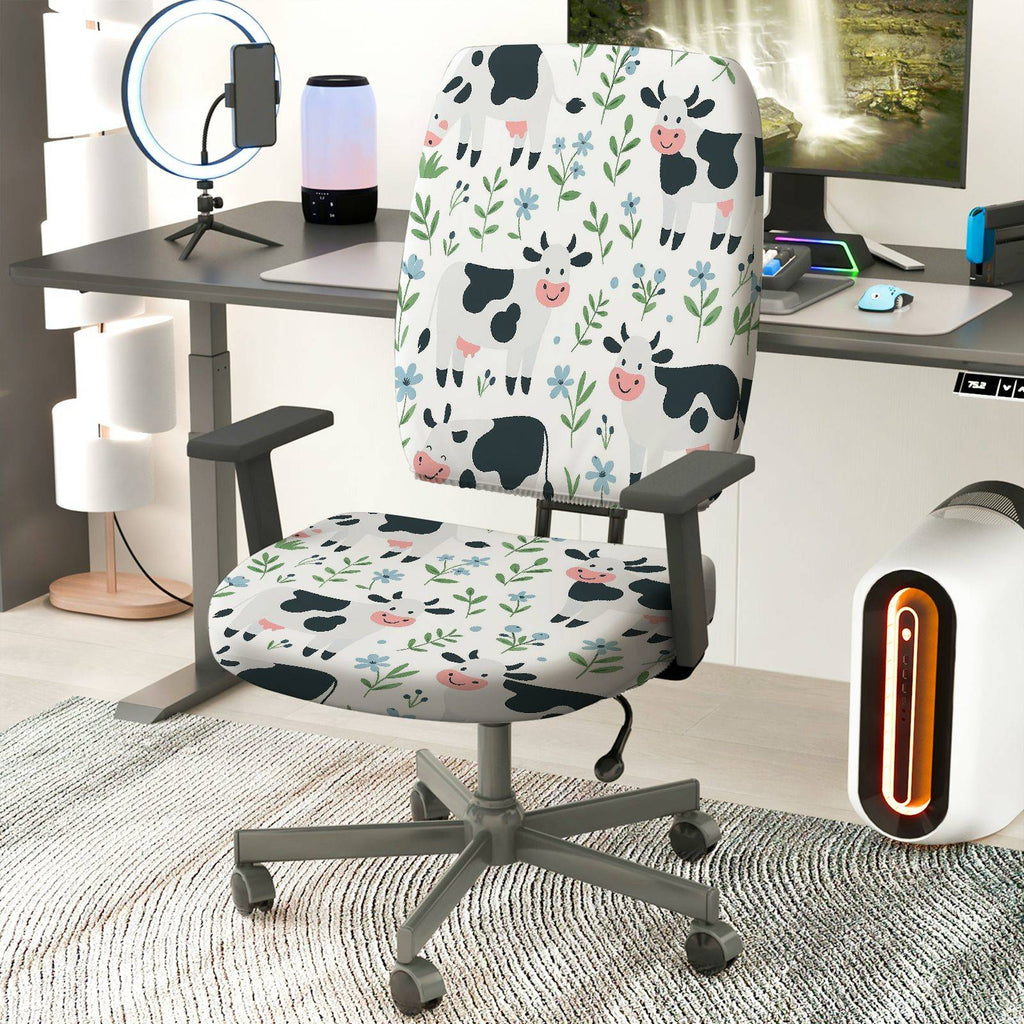 2-Piece Cow Floral Animal  Computer Chair Cover Set, Seat and Backrest