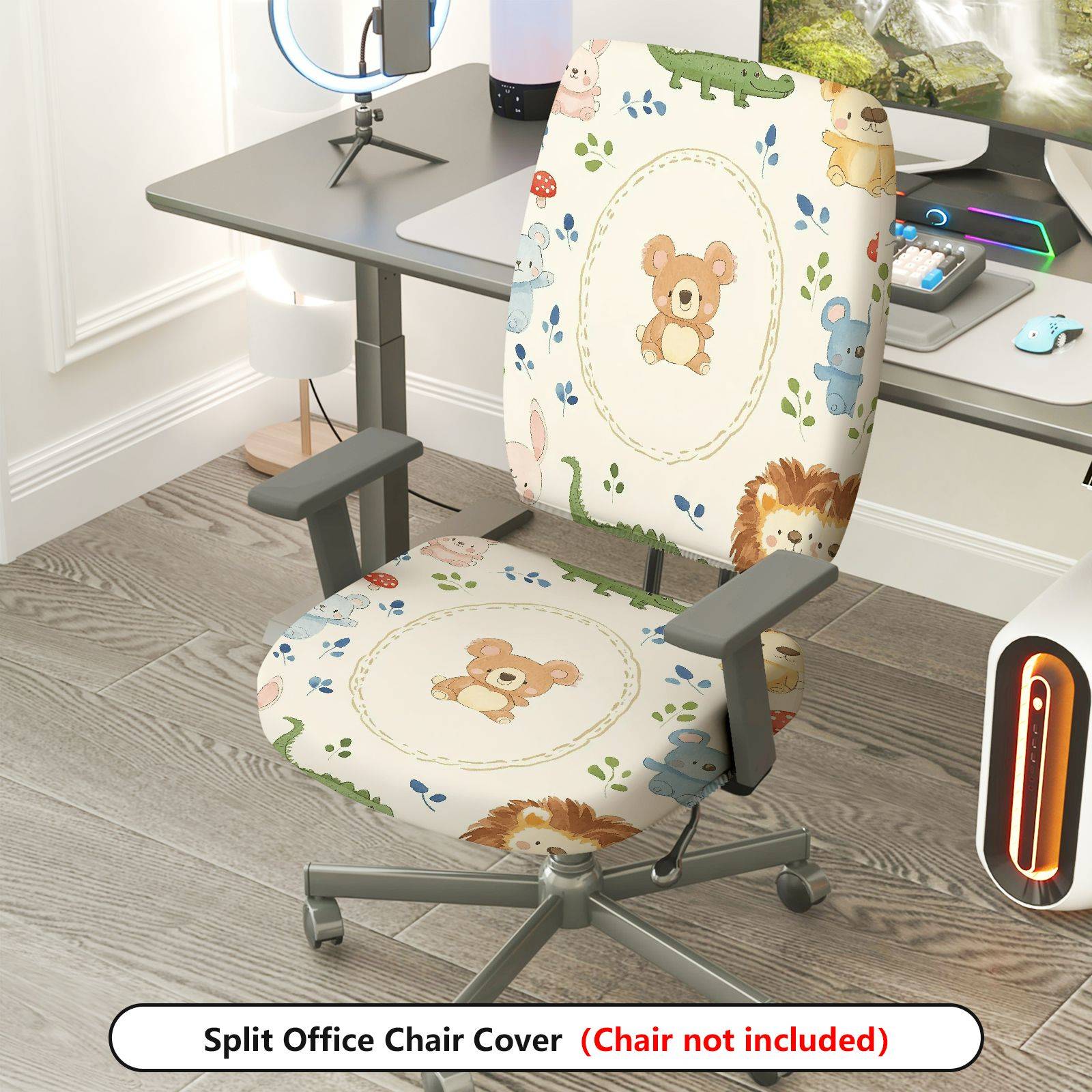 2-Piece Bear Print Cute Decorative Fun Animal Pattern  Computer Chair Cover Set, Seat and Backrest