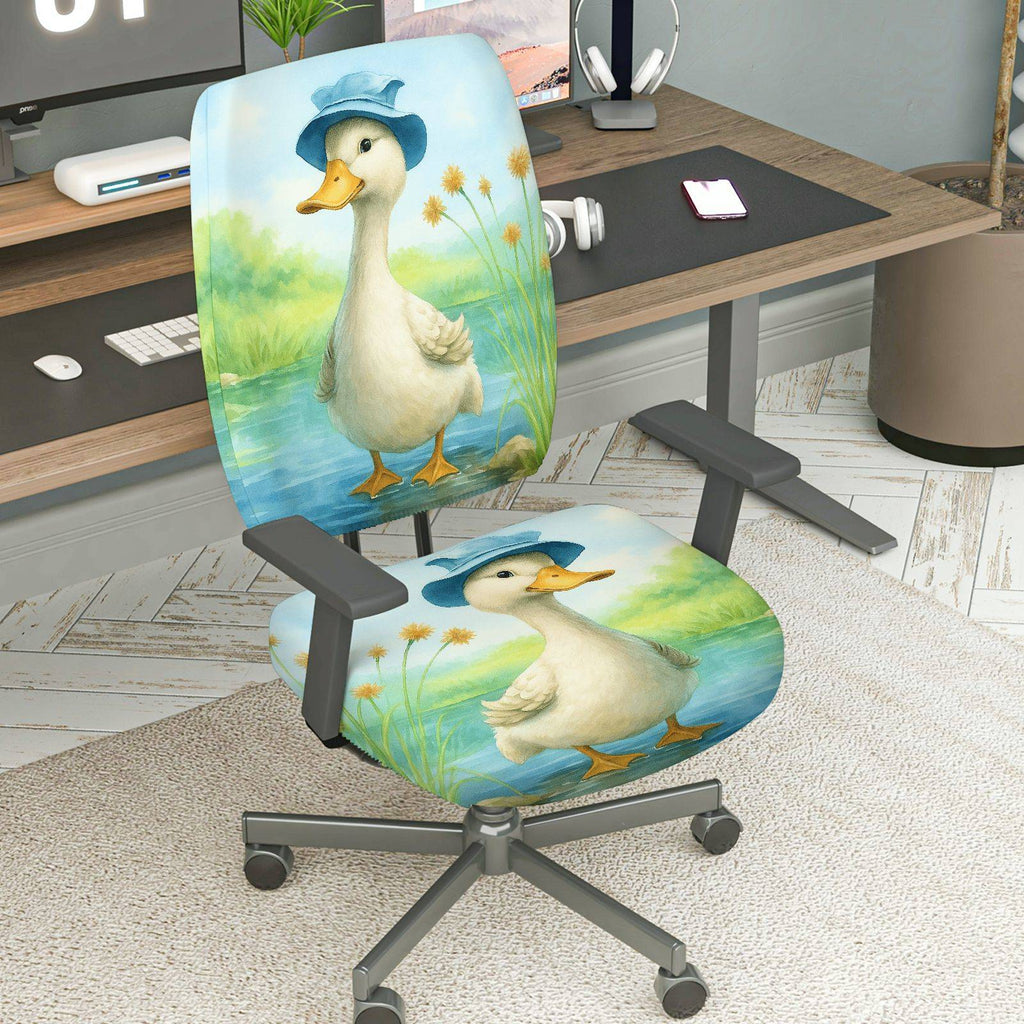 2-Piece Cute Animal Duck Blue Hat Nature Scenery  Computer Chair Cover Set, Seat and Backrest