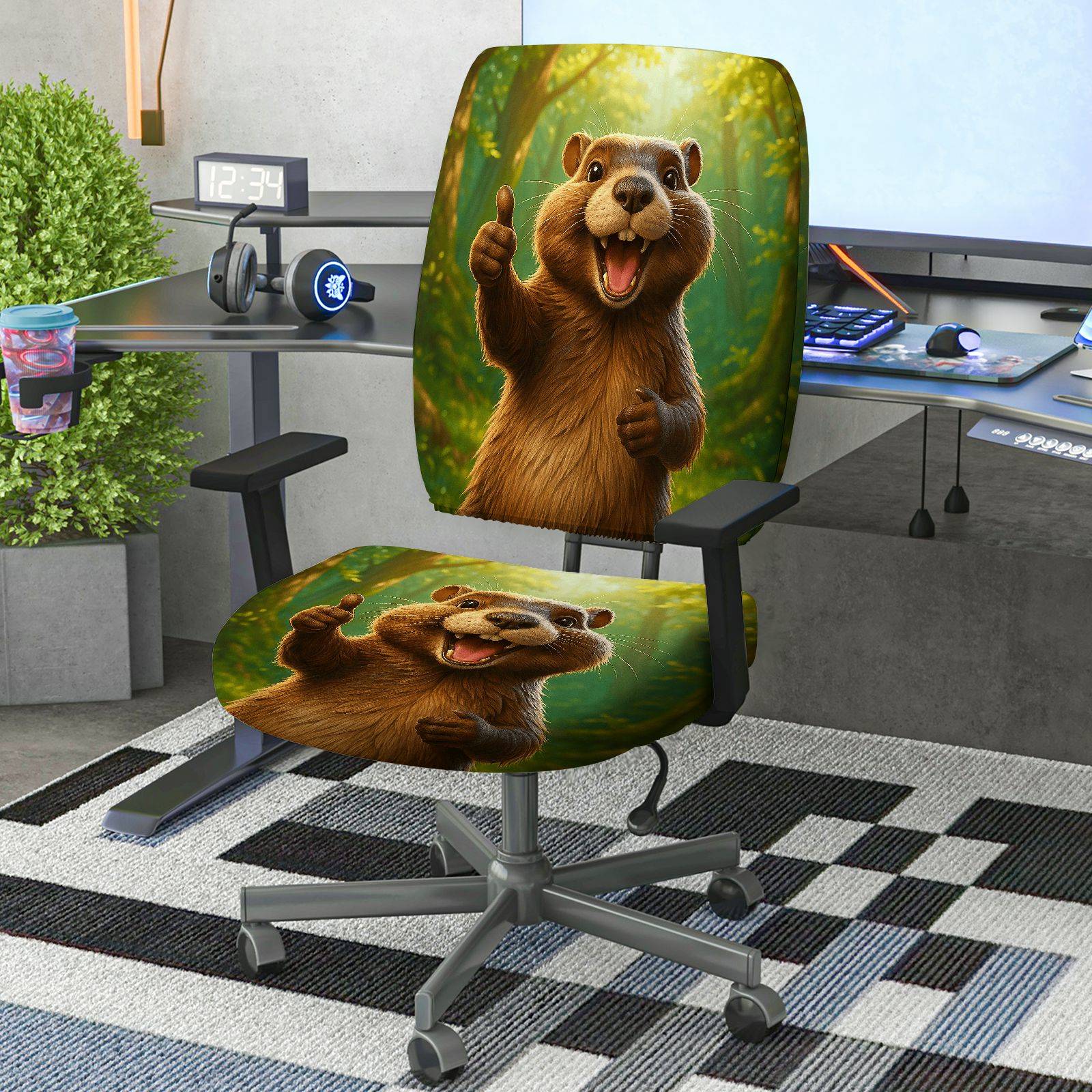 2-Piece Animal Forest Fun Vivid Vibrant  Computer Chair Cover Set, Seat and Backrest