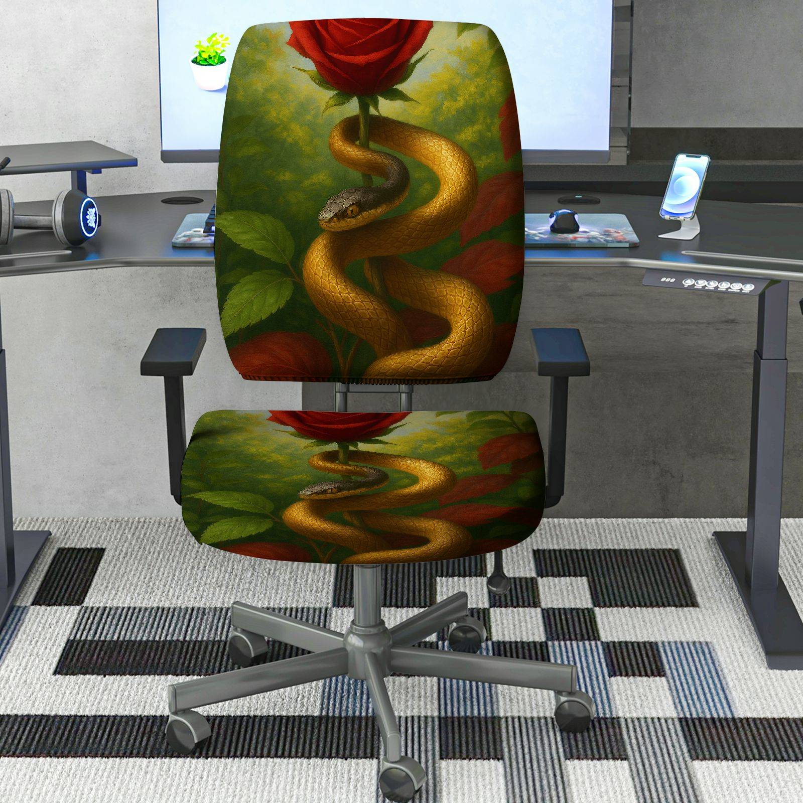 2-Piece Artistic Snake Rose Nature Decorative Vibrant  Computer Chair Cover Set, Seat and Backrest