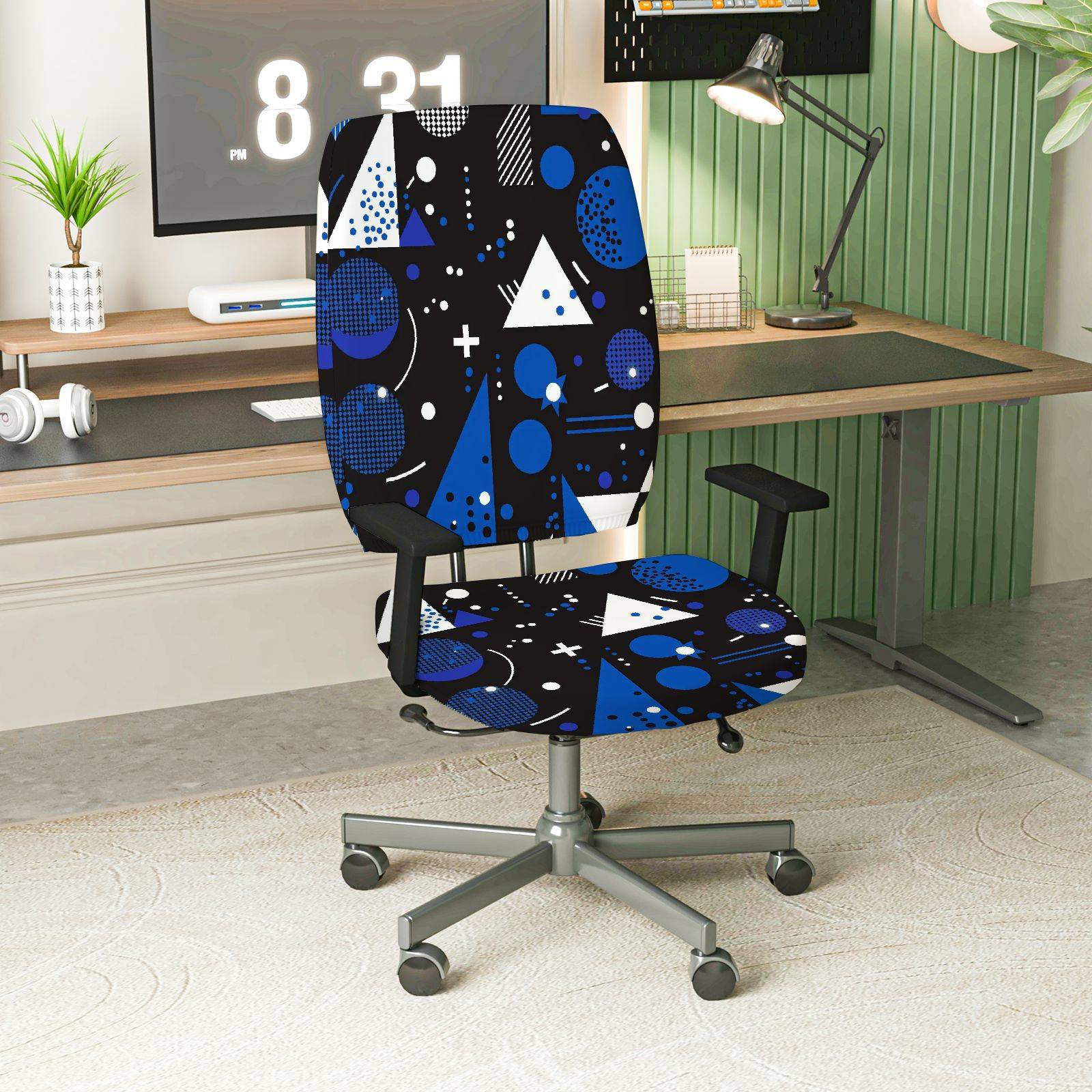 2-Piece Geometric Blue Black White Modern Minimalist Abstract  Computer Chair Cover Set, Seat and Backrest