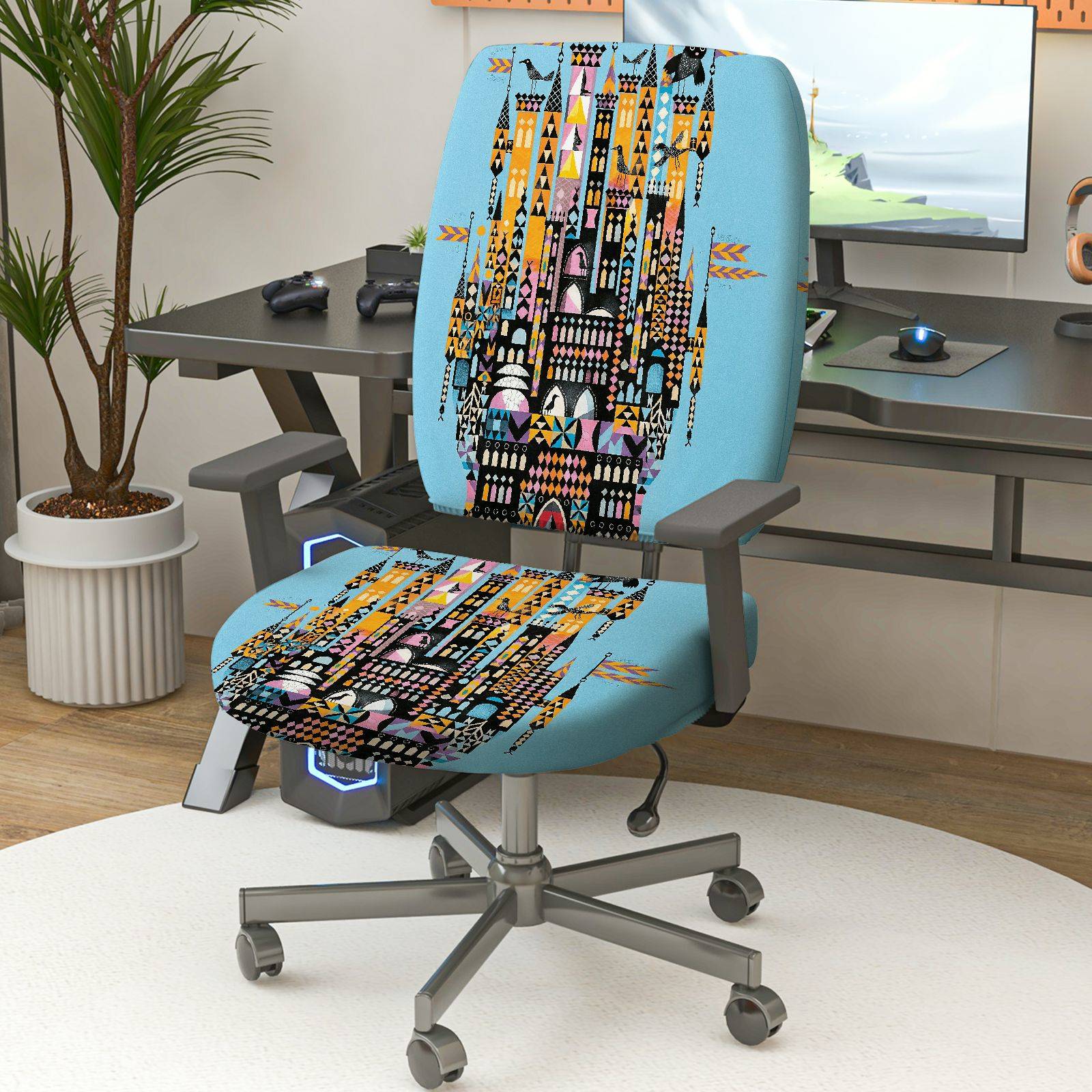 2-Piece Colorful Geometric City Night Skyline Pattern  Computer Chair Cover Set, Seat and Backrest