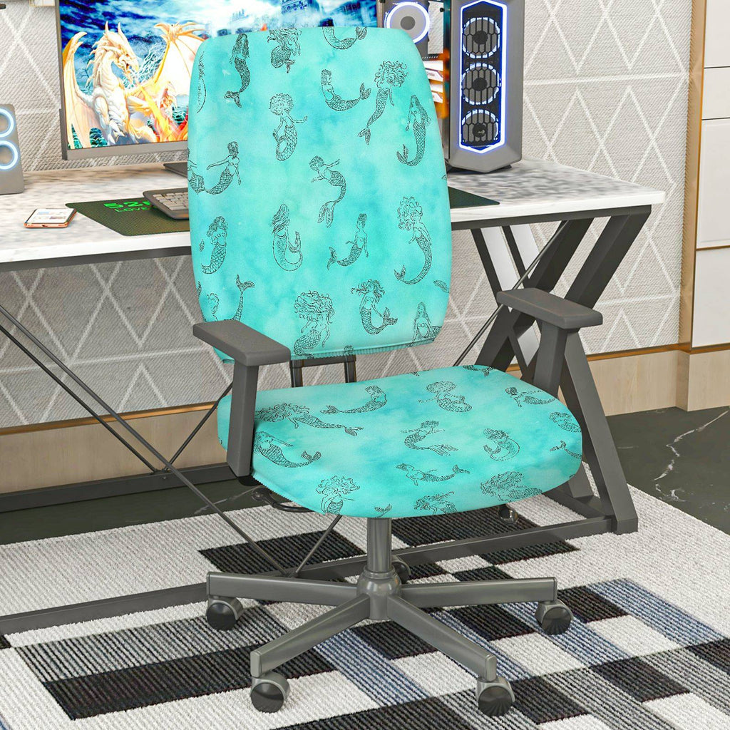 2-Piece Aquatic Mermaid Turquoise Decorative  Computer Chair Cover Set, Seat and Backrest