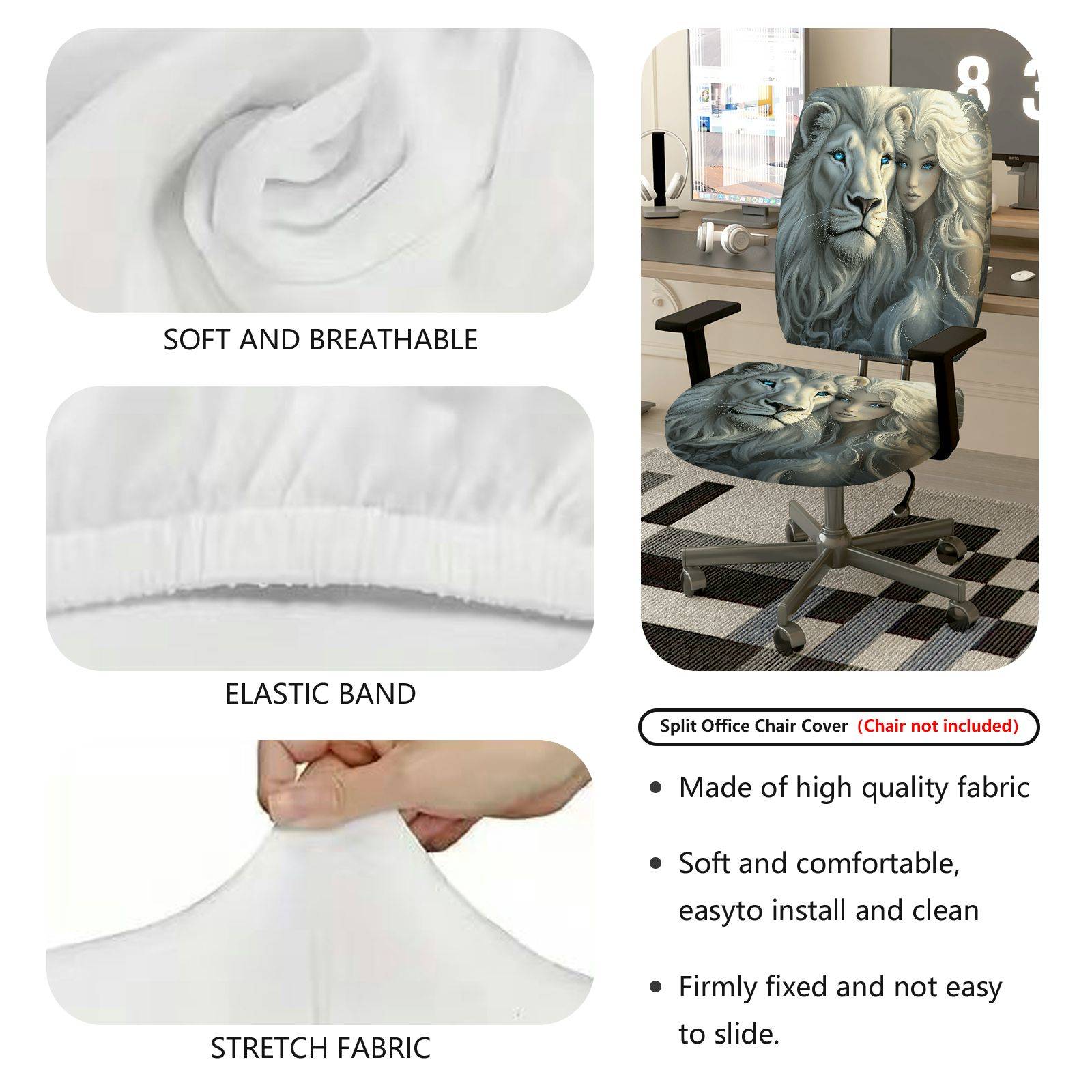 2-Piece Lion Animal Art  Computer Chair Cover Set, Seat and Backrest