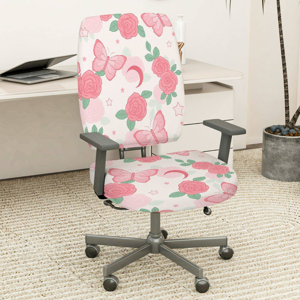 2-Piece Rose Butterfly Moon Star Artistic Floral  Computer Chair Cover Set, Seat and Backrest