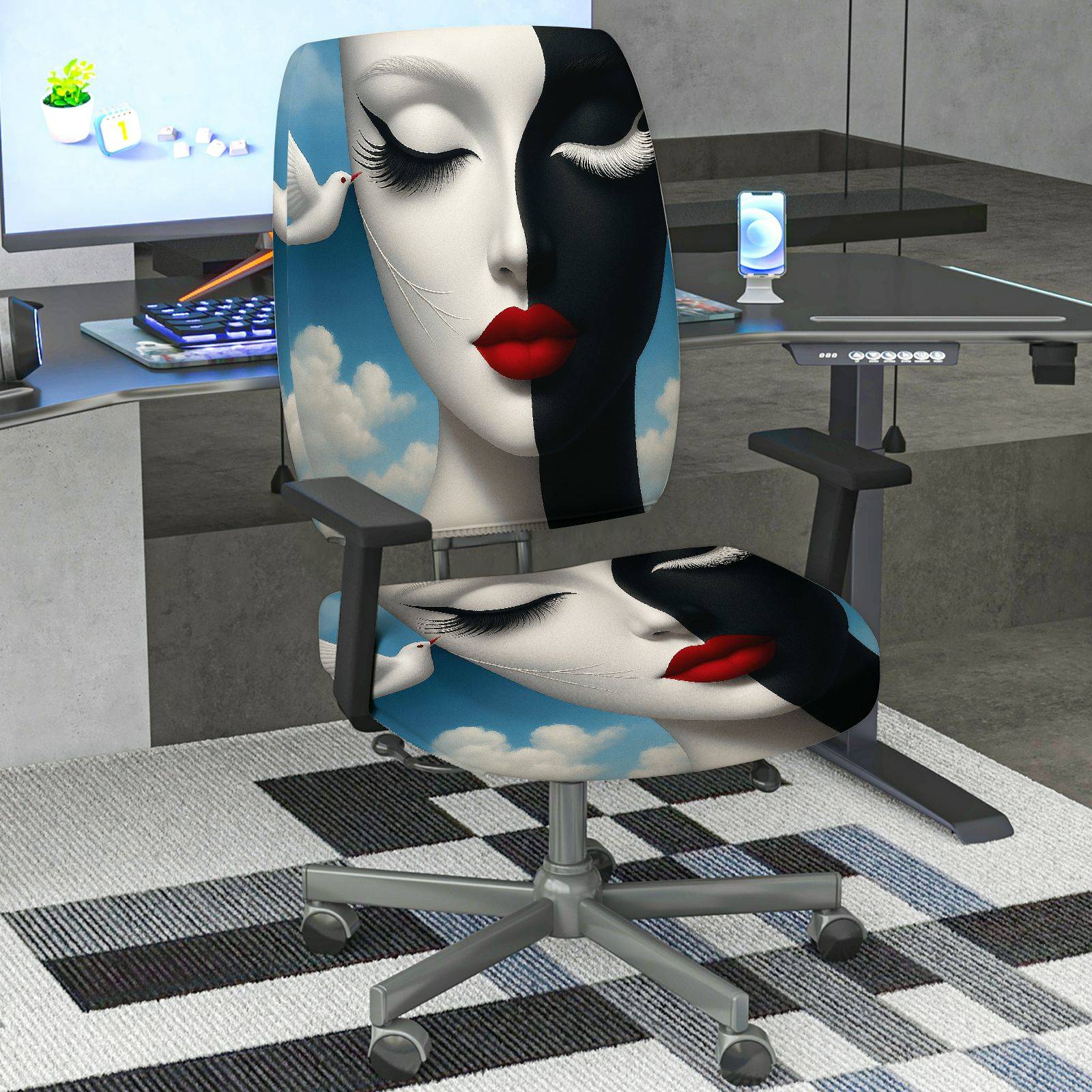 2-Piece Artistic Abstract Cloud Face Modern Lip  Computer Chair Cover Set, Seat and Backrest