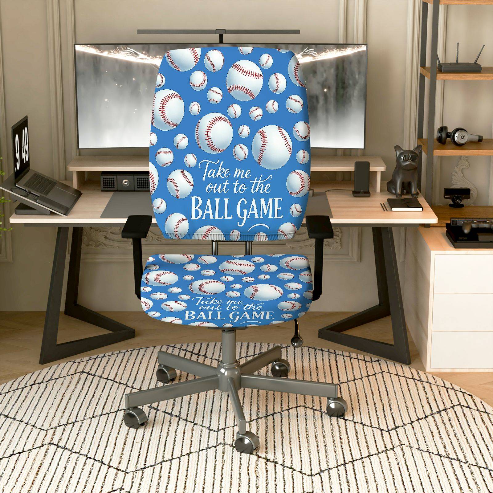 2-Piece Baseball Game Sports Theme Blue Pattern  Computer Chair Cover Set, Seat and Backrest