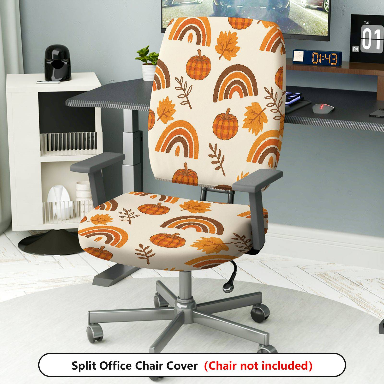 2-Piece Autumn Pumpkin Leaves Rainbow Rustic Festival  Computer Chair Cover Set, Seat and Backrest