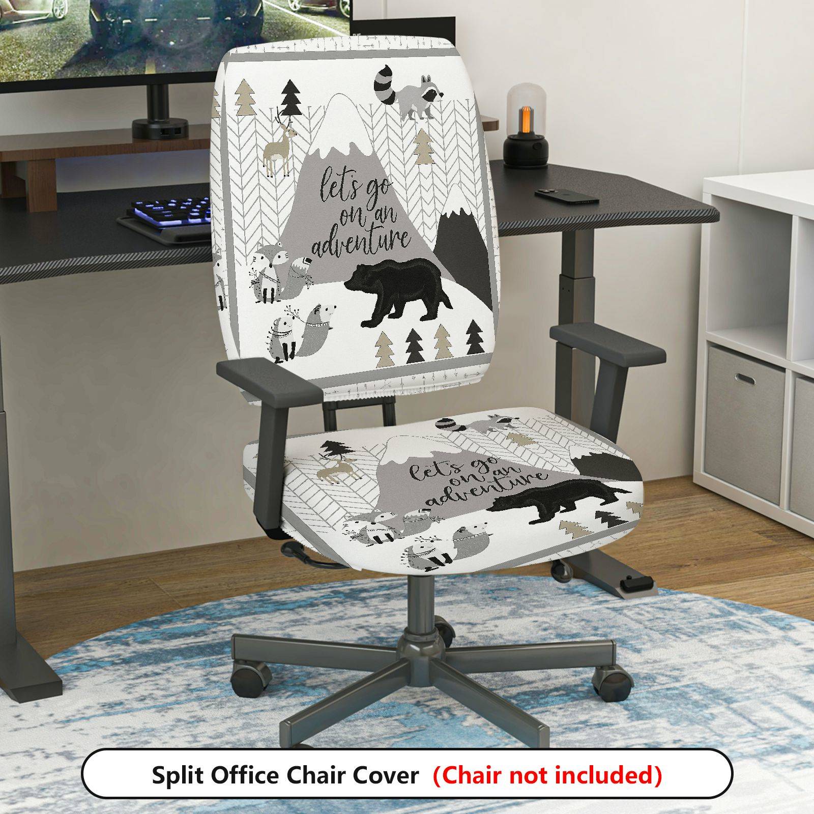 2-Piece Adventure Forest Mountain Animal Bear  Computer Chair Cover Set, Seat and Backrest