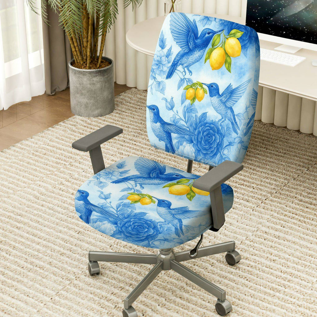 2-Piece Hummingbird Floral Lemon Nature Blue  Computer Chair Cover Set, Seat and Backrest