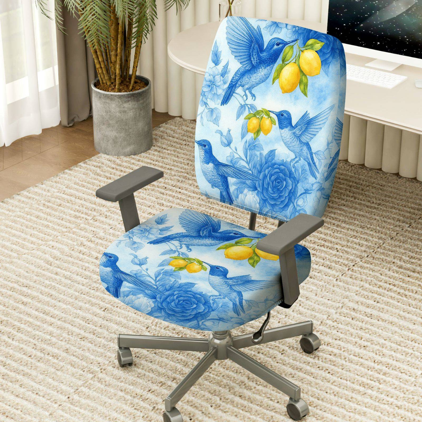 2-Piece Hummingbird Floral Lemon Nature Blue  Computer Chair Cover Set, Seat and Backrest