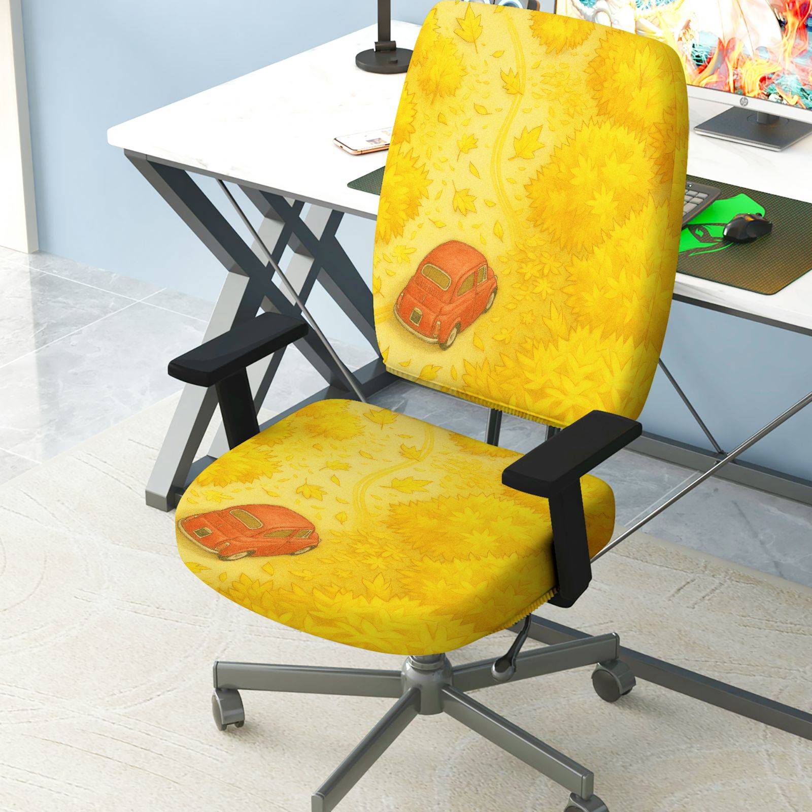 2-Piece Autumn Forest Car Leaf Pattern  Computer Chair Cover Set, Seat and Backrest