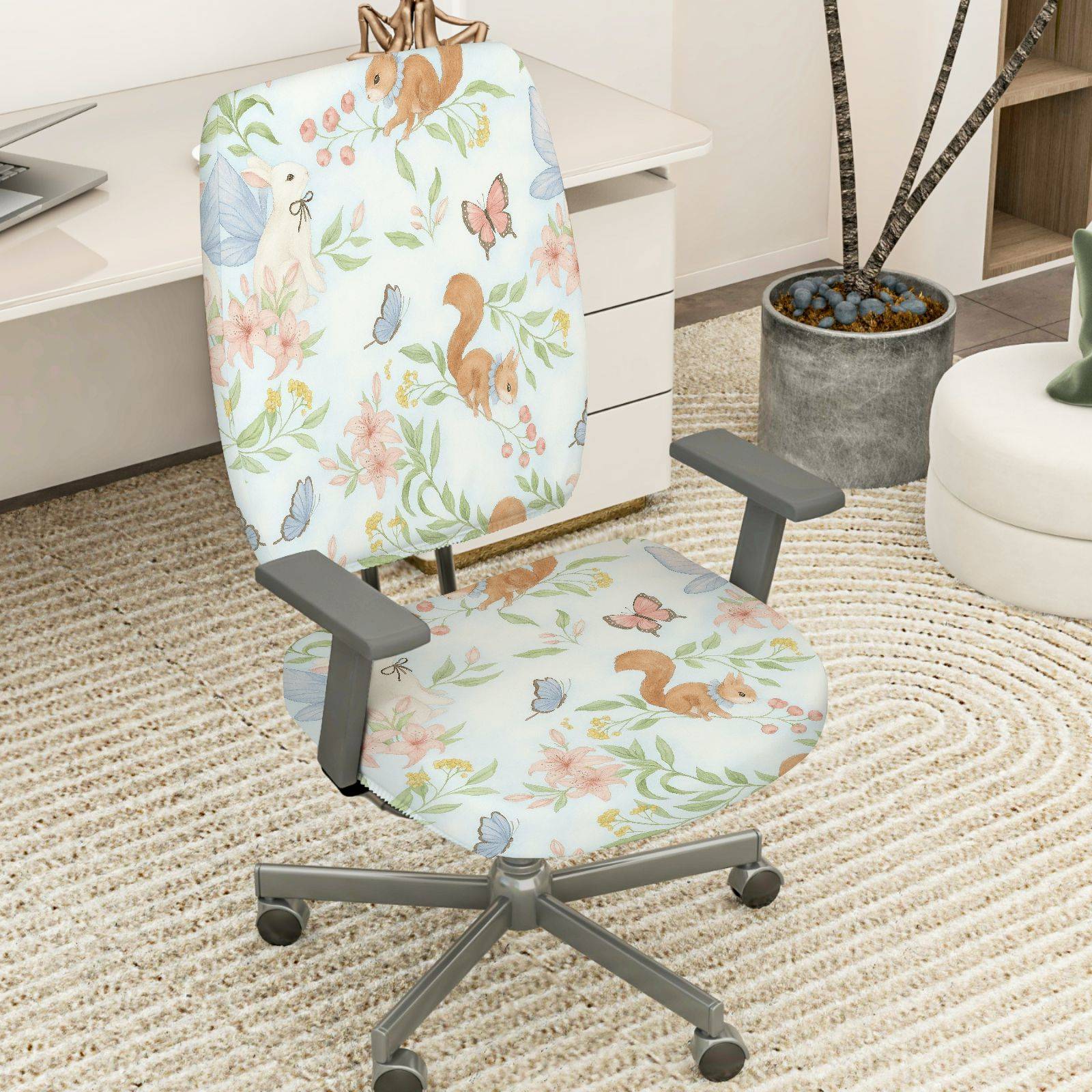 2-Piece Animal Floral Butterfly Squirrel Rabbit Spring  Computer Chair Cover Set, Seat and Backrest