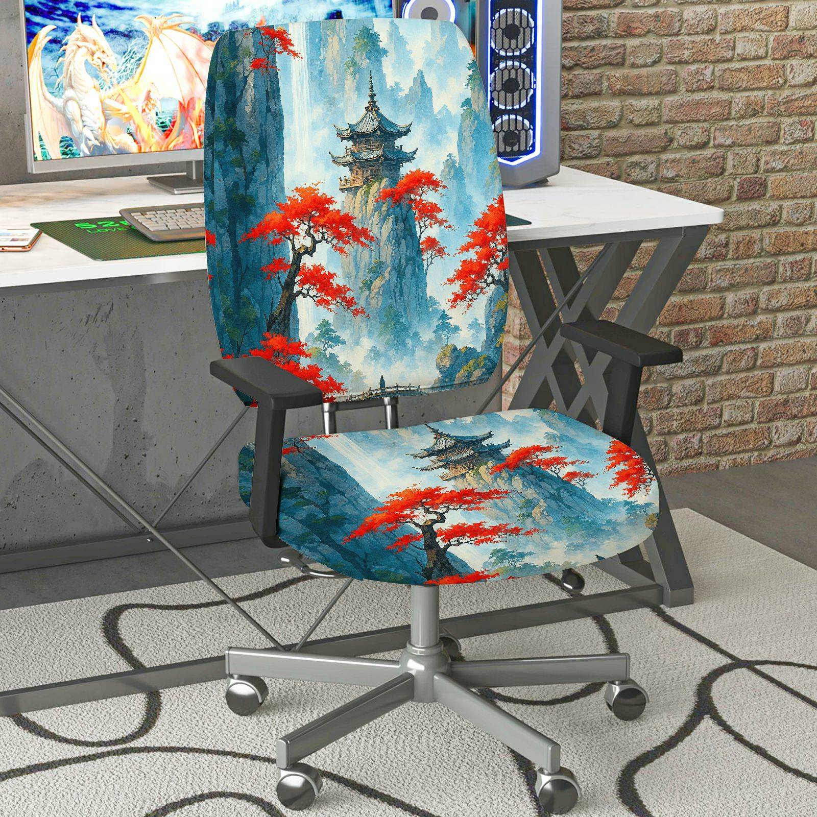 2-Piece Asian Zen Nature Landscape Art  Computer Chair Cover Set, Seat and Backrest