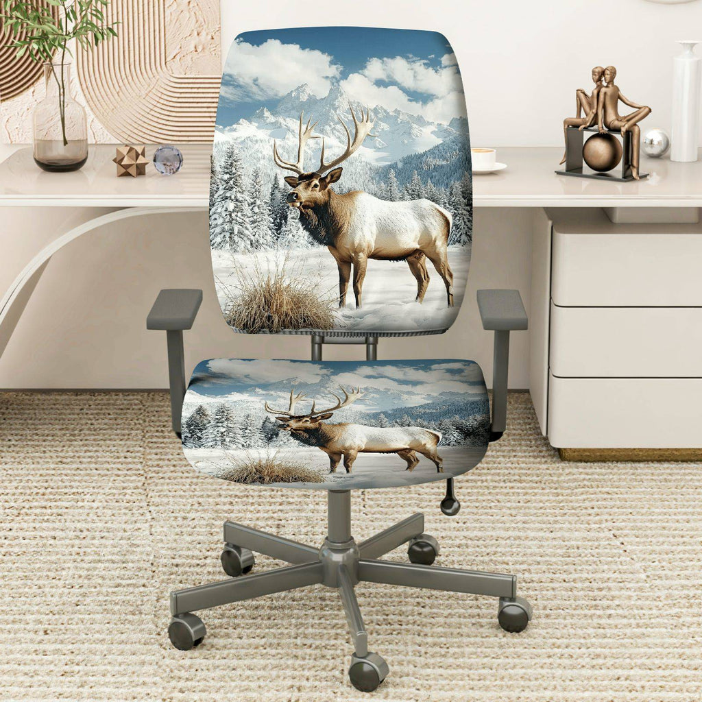 2-Piece Animal Mountain Snow Winter Elk  Computer Chair Cover Set, Seat and Backrest