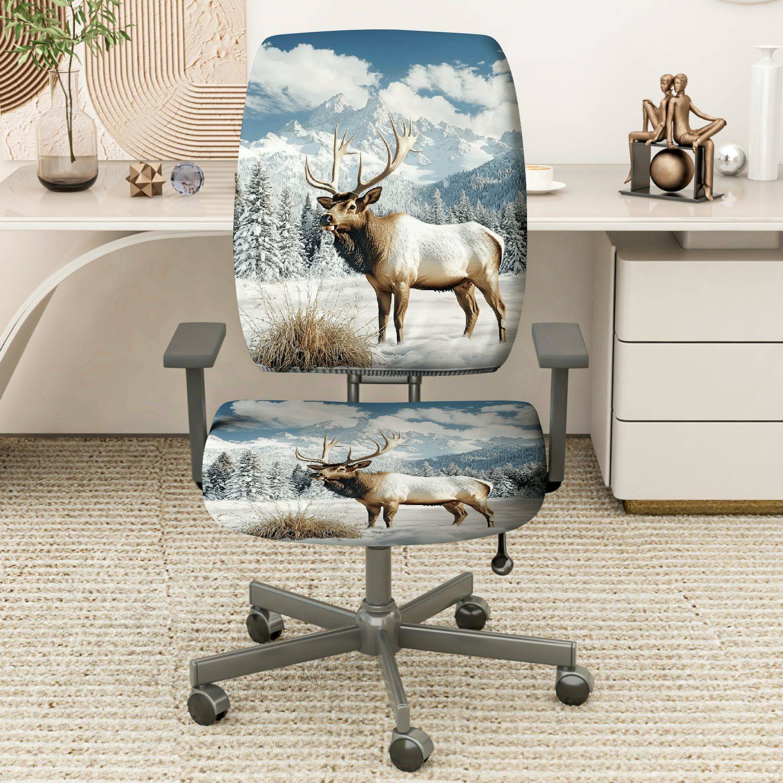 2-Piece Animal Mountain Snow Winter Elk  Computer Chair Cover Set, Seat and Backrest