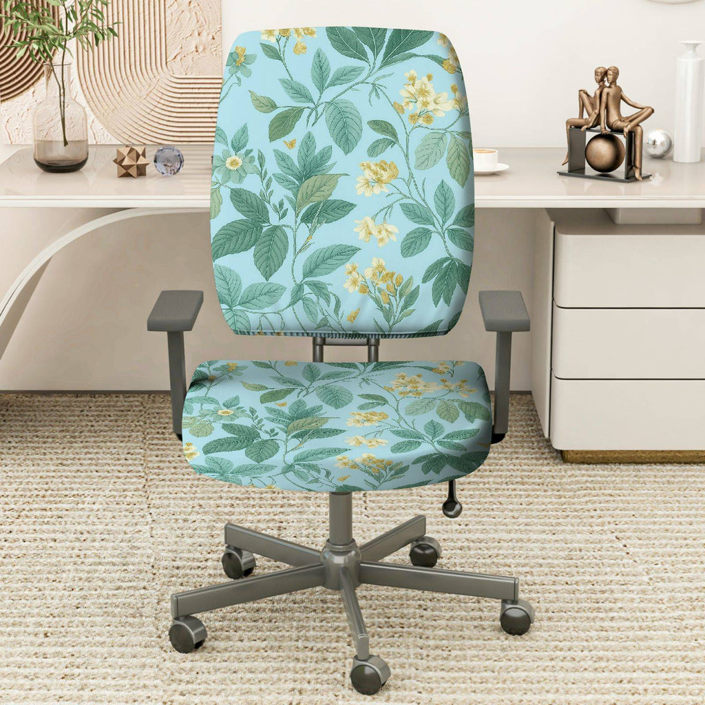 2-Piece Floral Green Yellow Botanical Pattern  Computer Chair Cover Set, Seat and Backrest