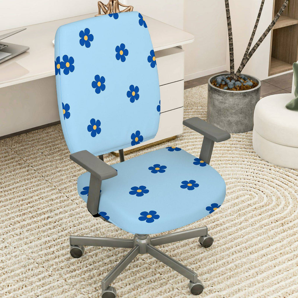 2-Piece Blue Flower Pattern Decorative  Computer Chair Cover Set, Seat and Backrest