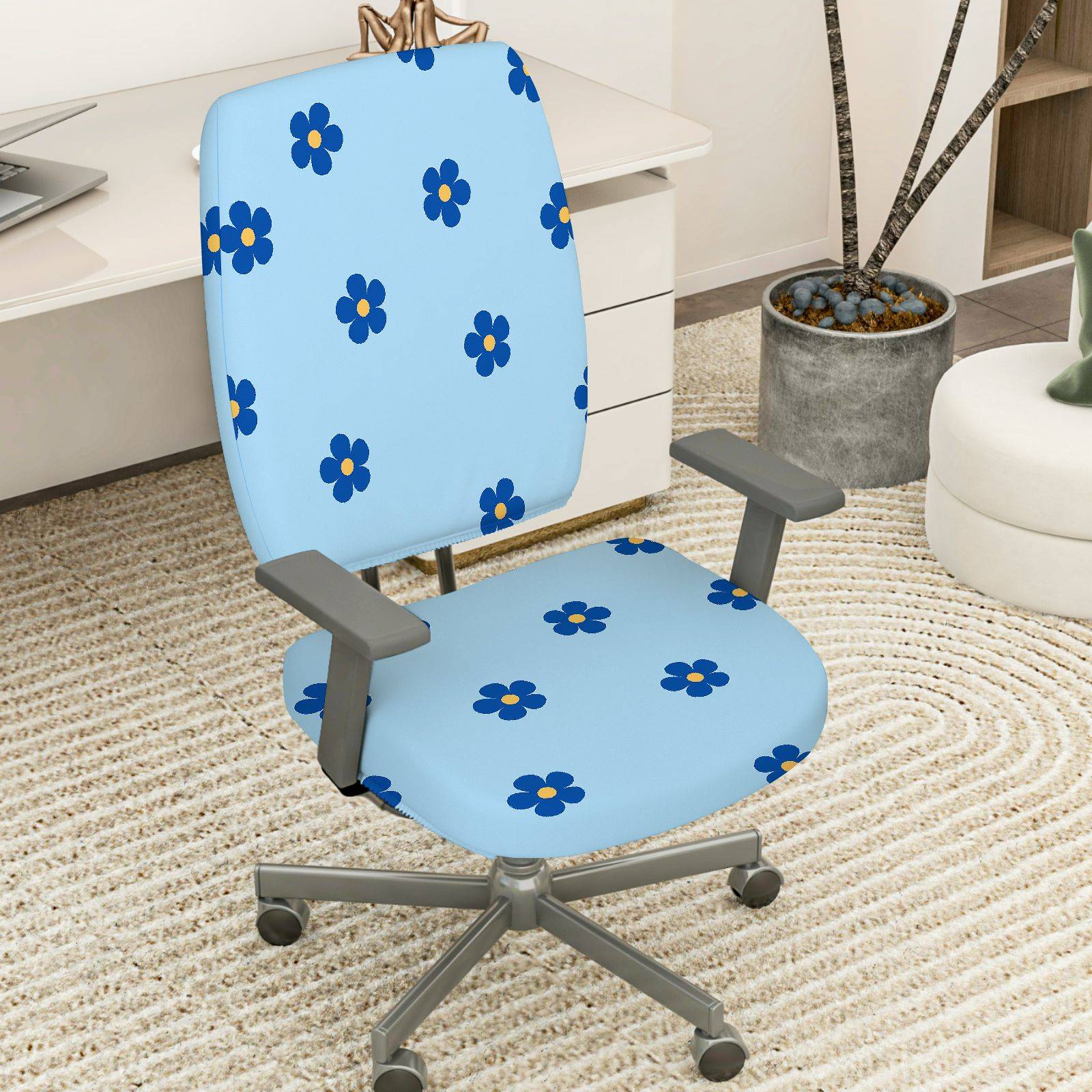 2-Piece Blue Flower Pattern Decorative  Computer Chair Cover Set, Seat and Backrest