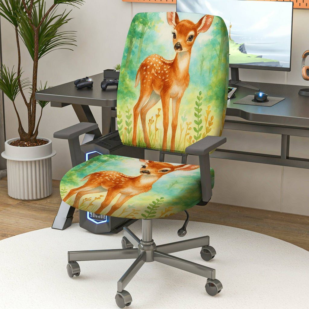 2-Piece Animal Forest Deer Nature Painting  Computer Chair Cover Set, Seat and Backrest