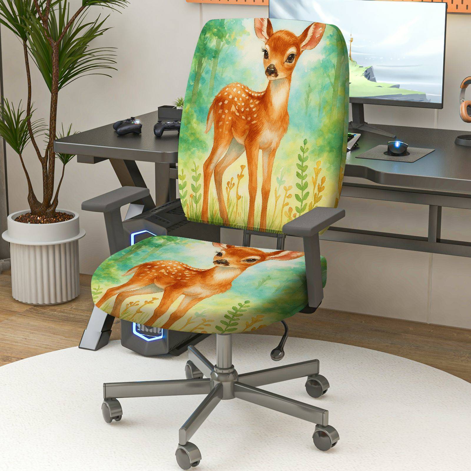 2-Piece Animal Forest Deer Nature Painting  Computer Chair Cover Set, Seat and Backrest