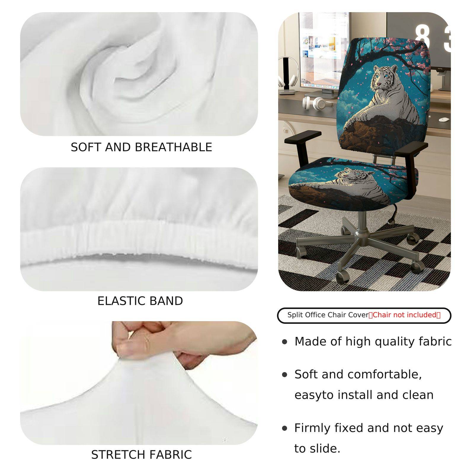 2-Piece White Tiger Cherry Blossom Night Sky Animal Nature  Computer Chair Cover Set, Seat and Backrest