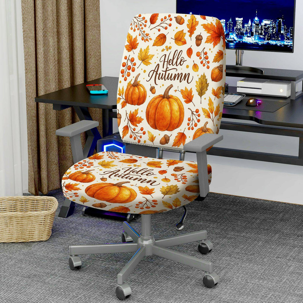 2-Piece Autumn Pumpkin Maple Leaves Acorn Fall  Computer Chair Cover Set, Seat and Backrest