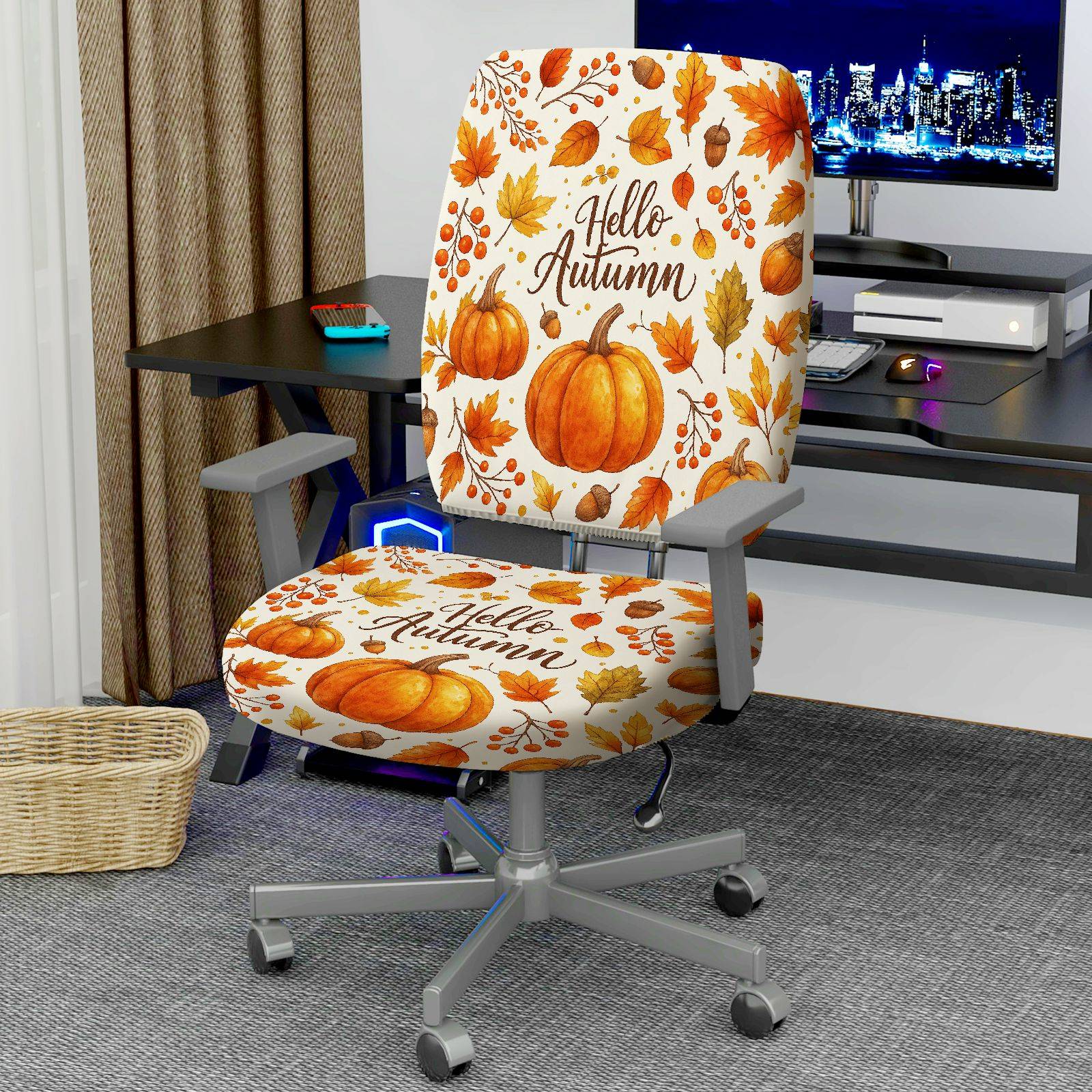 2-Piece Autumn Pumpkin Maple Leaves Acorn Fall  Computer Chair Cover Set, Seat and Backrest