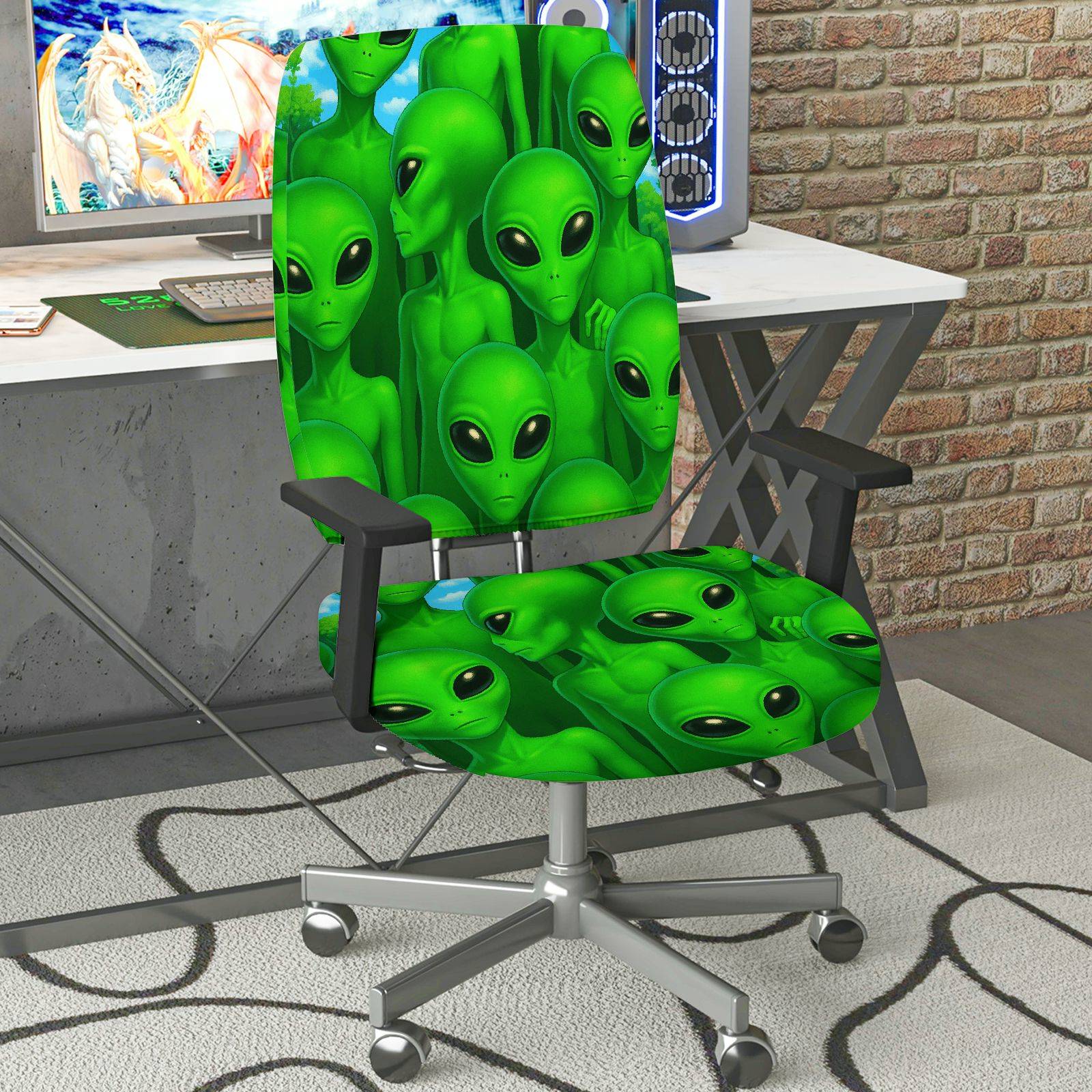 2-Piece Alien Green Sci-Fi Fun Novelty Decor  Computer Chair Cover Set, Seat and Backrest