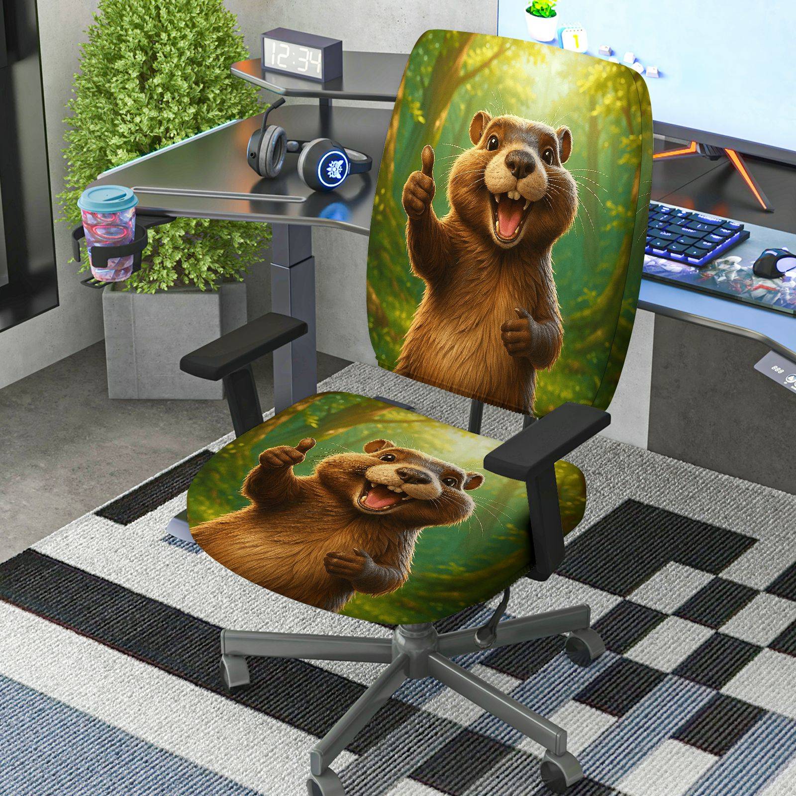 2-Piece Animal Forest Fun Vivid Vibrant  Computer Chair Cover Set, Seat and Backrest