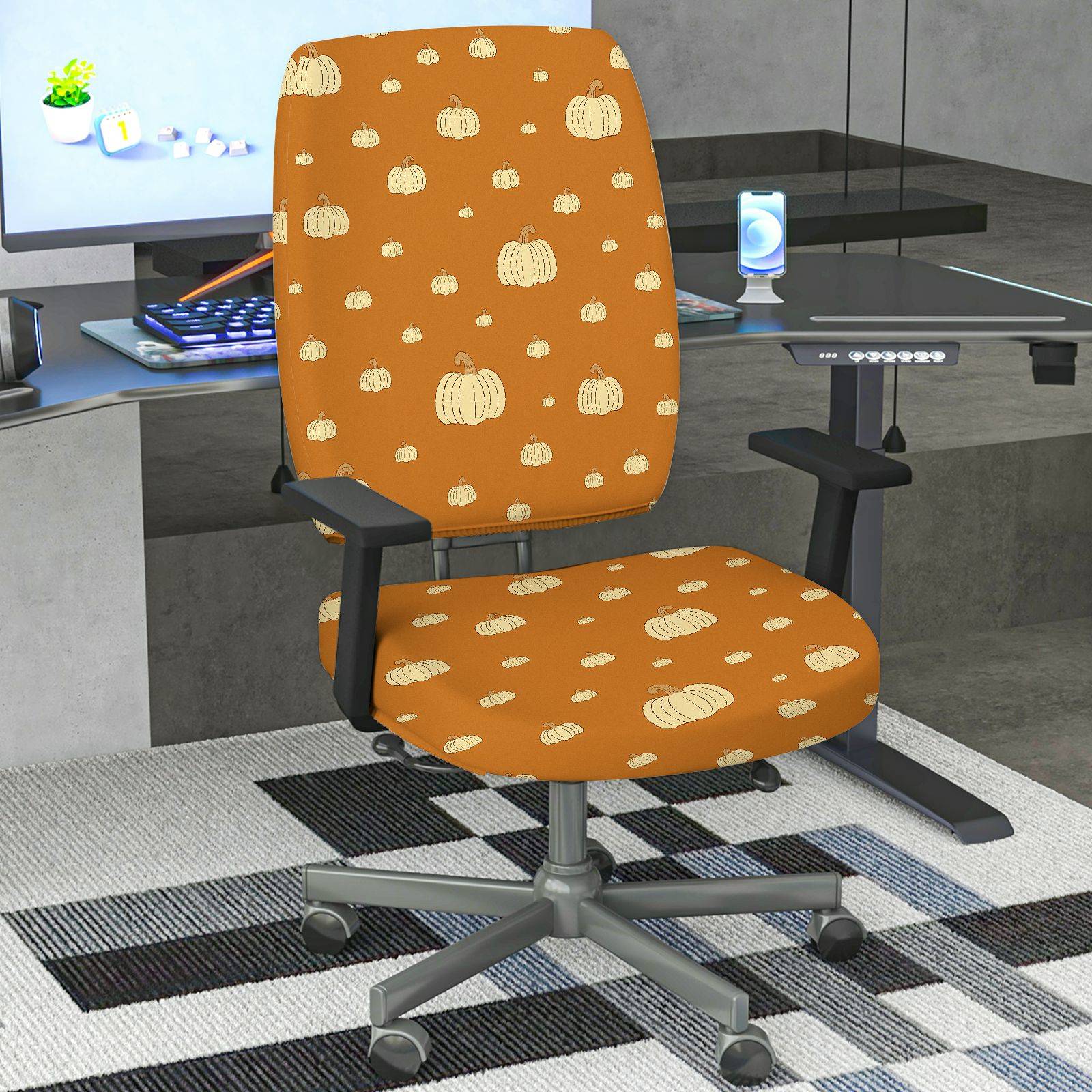 2-Piece Autumn Fall Pumpkin Harvest Printed  Computer Chair Cover Set, Seat and Backrest