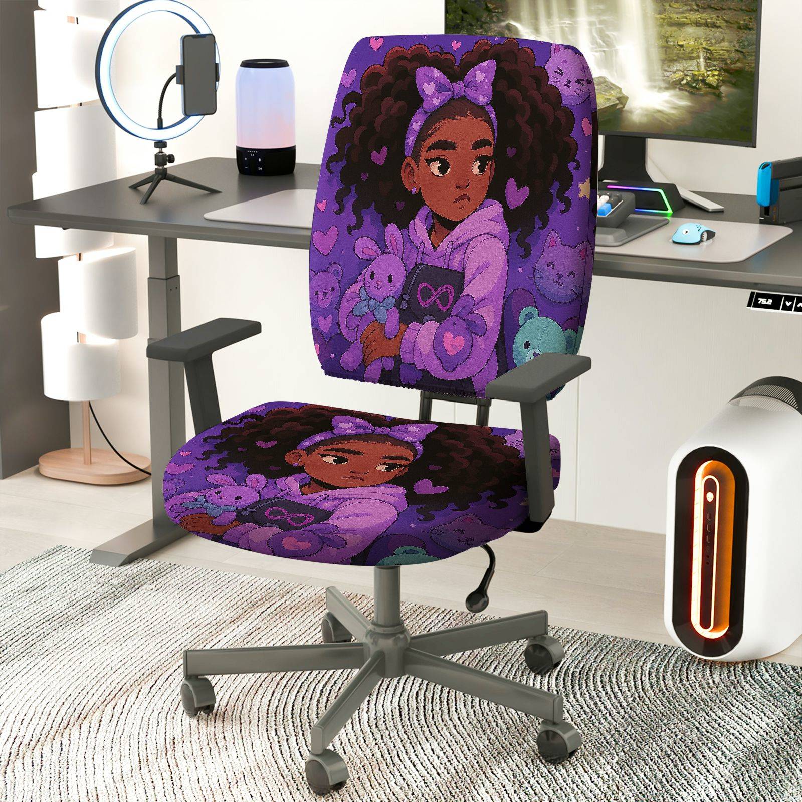 2-Piece purple heart girl cute teddy bear  Computer Chair Cover Set, Seat and Backrest