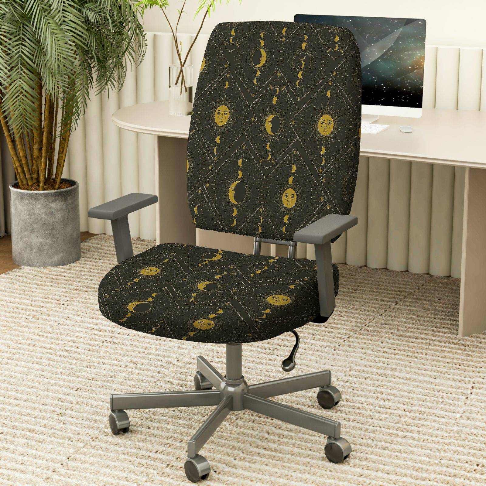 2-Piece Moon Phase Geometric Pattern Yellow Black  Computer Chair Cover Set, Seat and Backrest